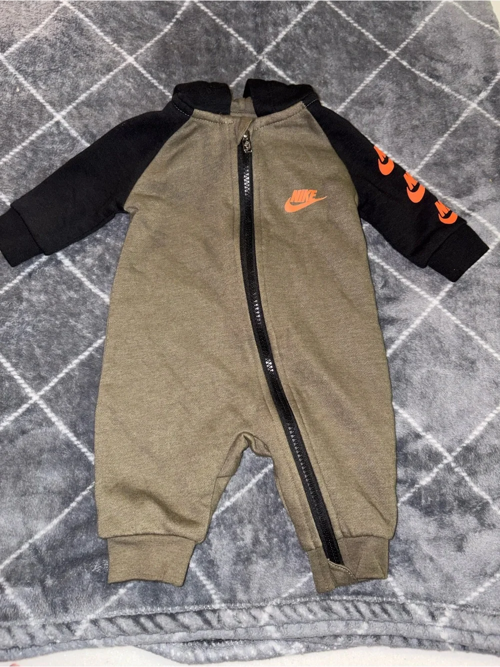 Nike Olive & Black Zip Front Baby One-Piece with Orange Swoosh